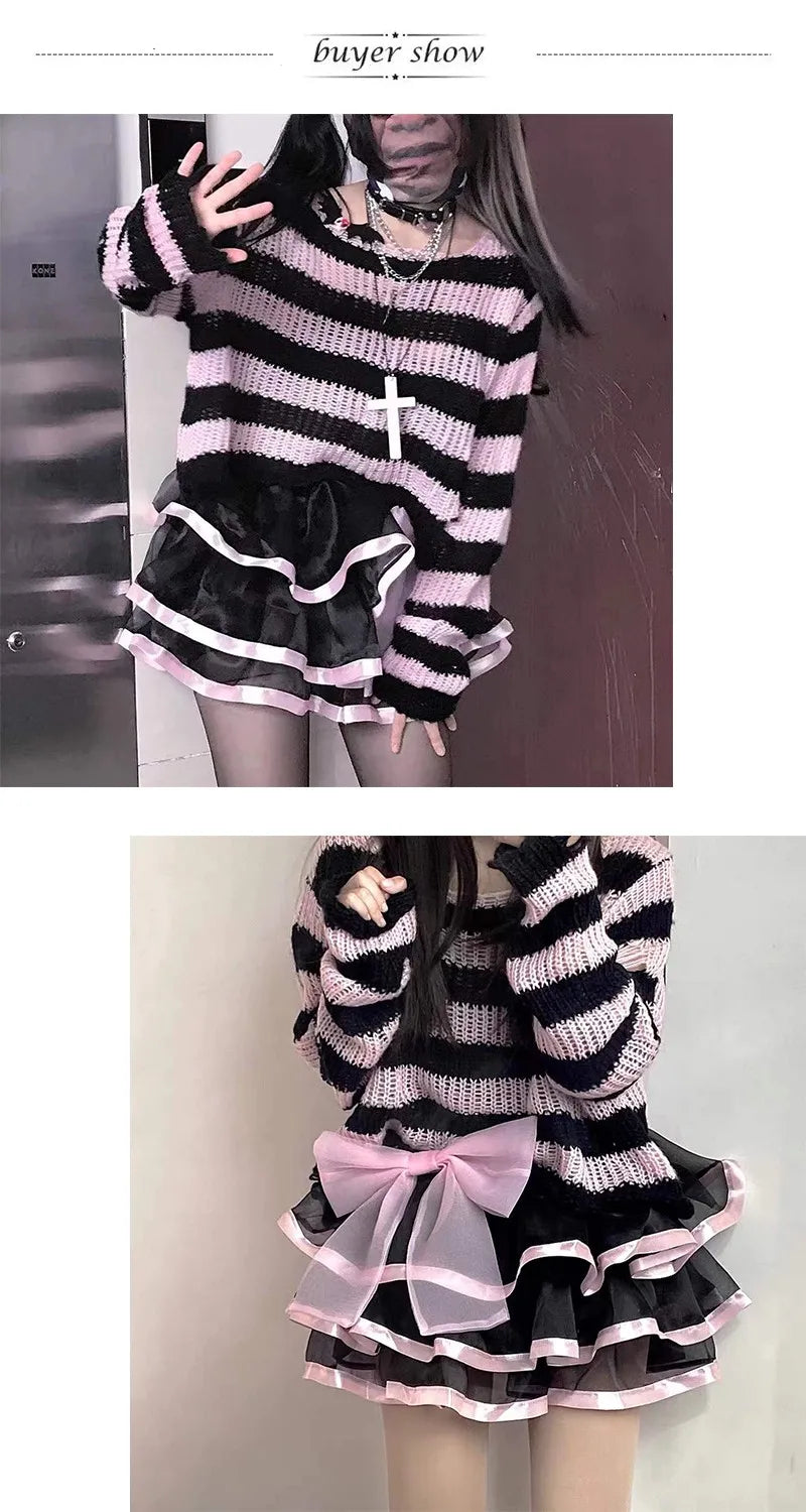 Karrram Pink Striped Gothic Sweaters Women Ripped Holes Loose Knitted Pullover Frayed Fairy Grunge Jumpers Emo Streetwear Lolita