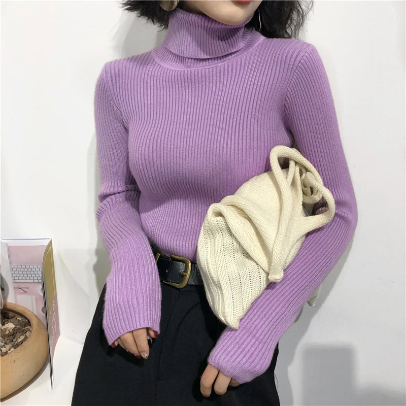 2024 herbst Winter Dicken Pullover Frauen Gestrickte Rippen Pullover Pullover Langarm Rollkragen Schlank Jumper Weiche Warme Pull Femme