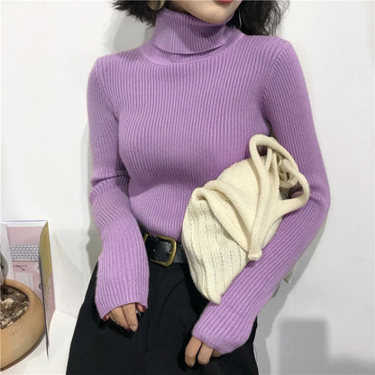 Autumn Winter Thick Sweater Women Knitted Ribbed Pullover  Long Sleeve Turtleneck Slim Jumper Soft Warm  Femme