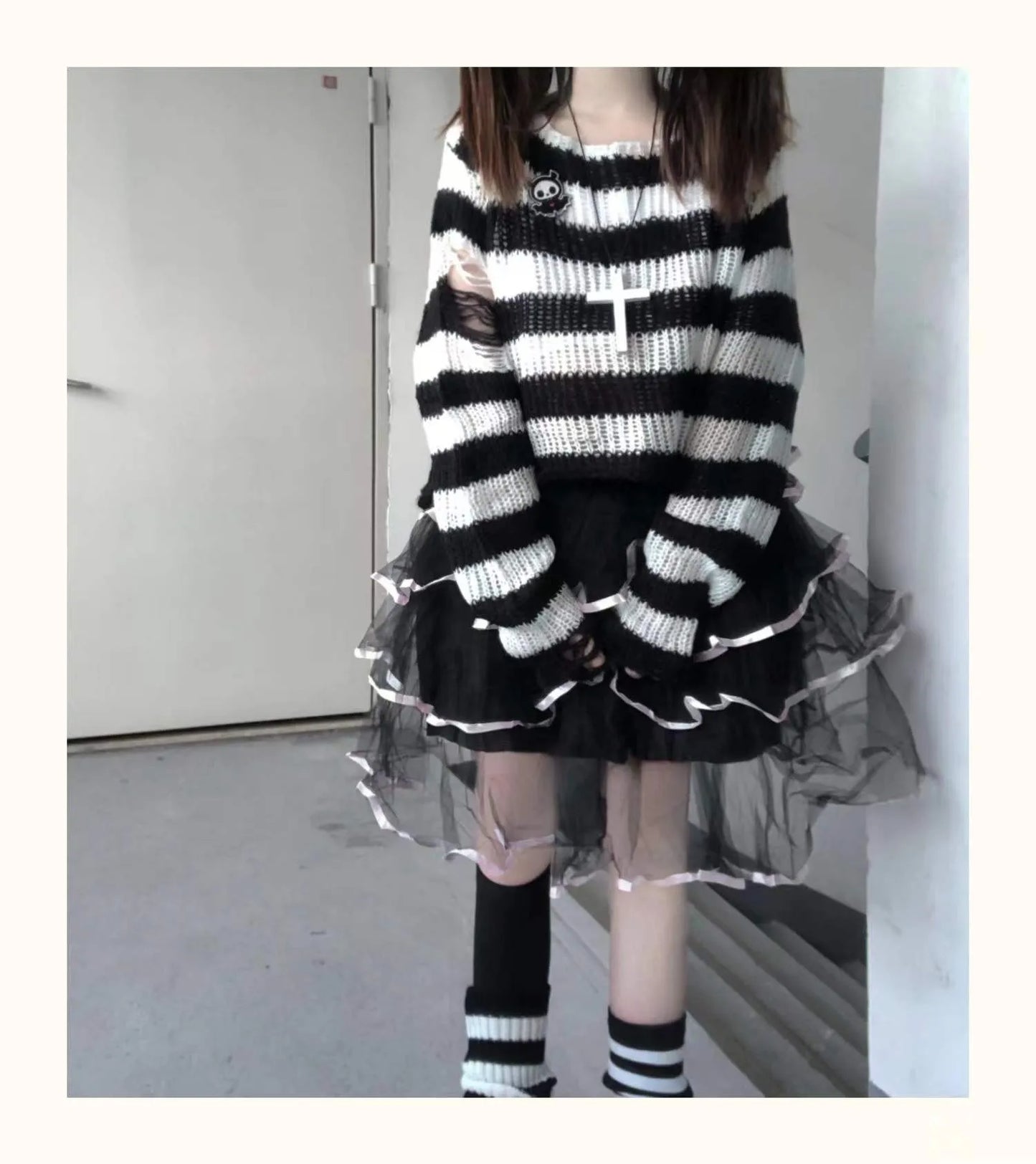 Karrram Pink Striped Gothic Sweaters Women Ripped Holes Loose Knitted Pullover Frayed Fairy Grunge Jumpers Emo Streetwear Lolita