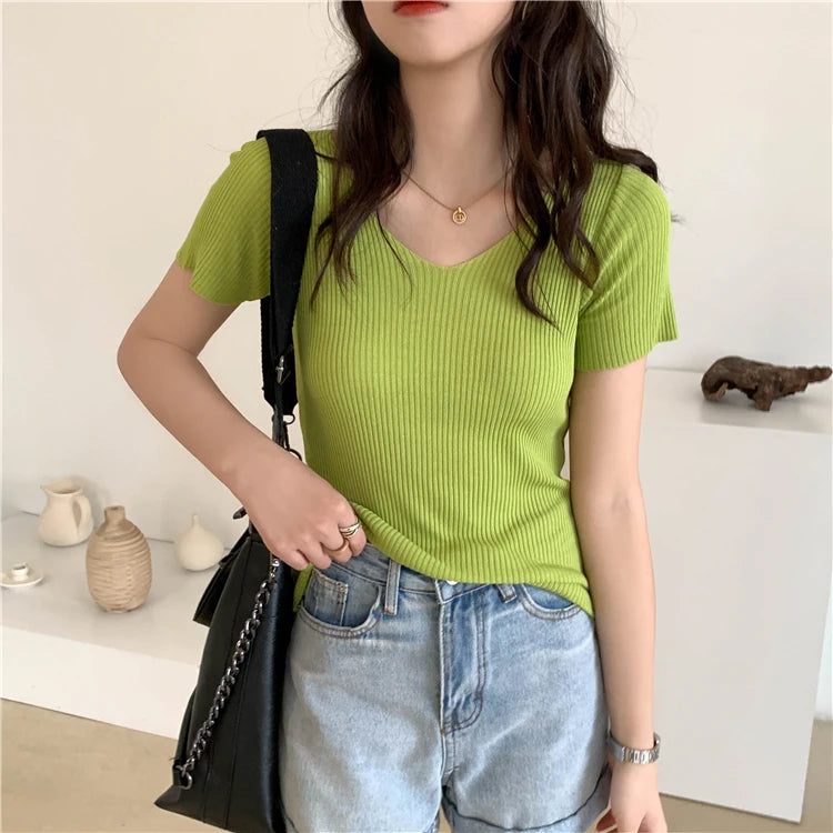 AOSSVIAO 2024 Basic V-neck Solid Thin Summer Pullover Women Female Knitted Ribbed Sweater Slim Short Sleeve Bodycon Sweater