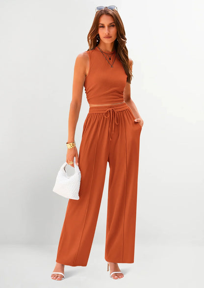 Women's Ribbed Sleeveless Two-Piece Set | Resort Style Casual Suit