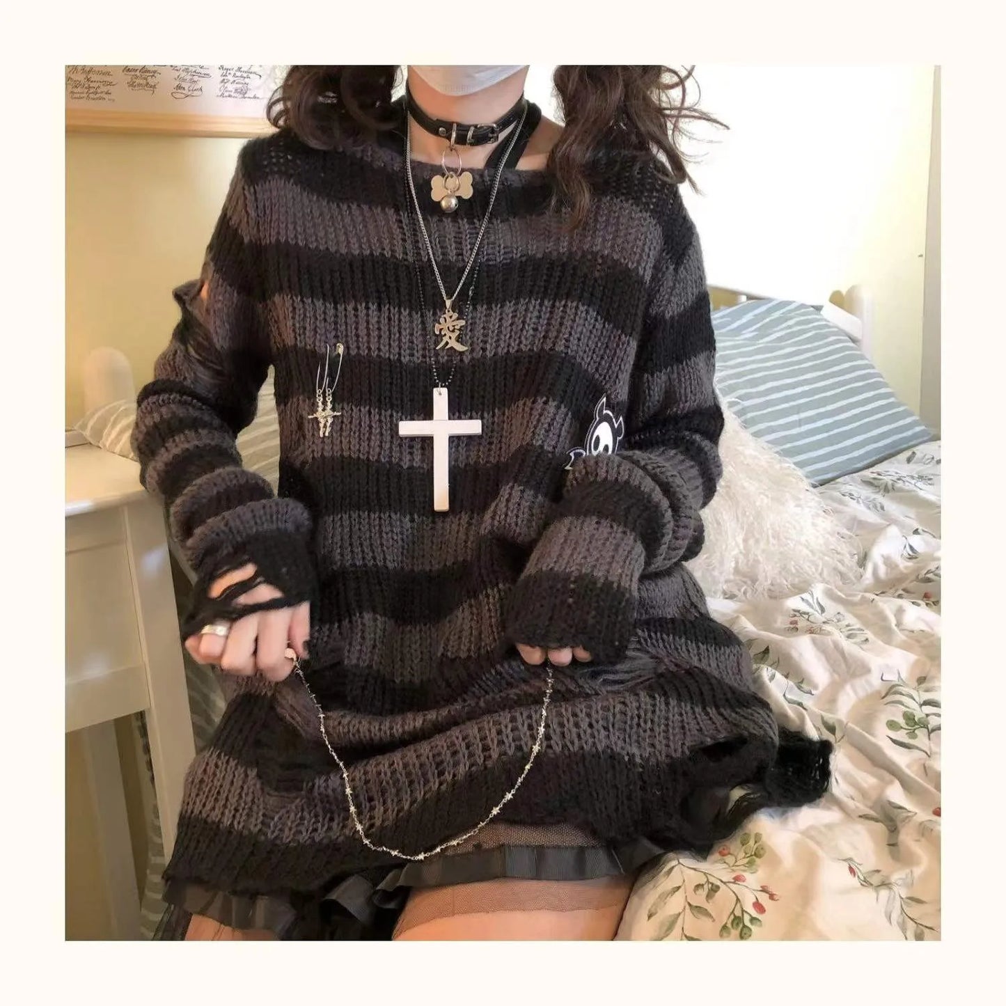 Karrram Pink Striped Gothic Sweaters Women Ripped Holes Loose Knitted Pullover Frayed Fairy Grunge Jumpers Emo Streetwear Lolita