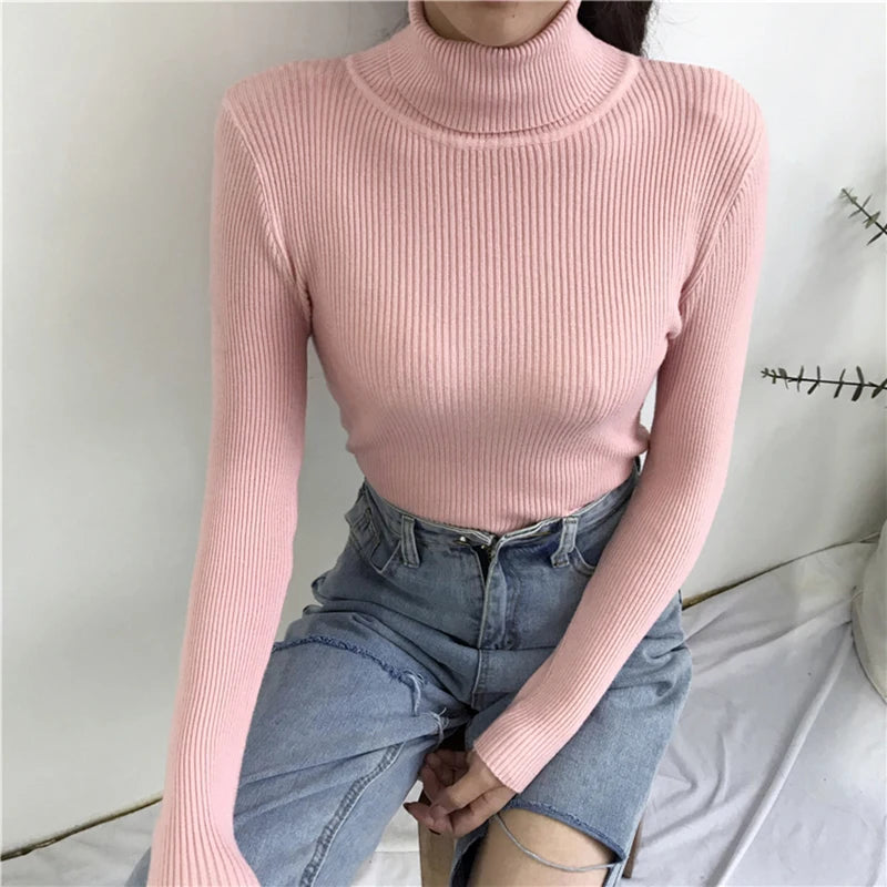 2024 herbst Winter Dicken Pullover Frauen Gestrickte Rippen Pullover Pullover Langarm Rollkragen Schlank Jumper Weiche Warme Pull Femme