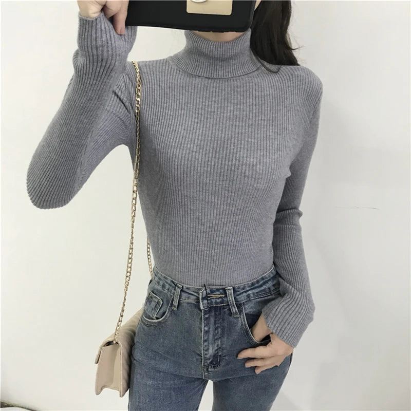 2024 Autumn Winter Thick Sweater Women Knitted Ribbed Pullover Sweater Long Sleeve Turtleneck Slim Jumper Soft Warm Pull Femme