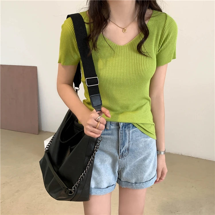 AOSSVIAO 2024 Basic V-neck Solid Thin Summer Pullover Women Female Knitted Ribbed Sweater Slim Short Sleeve Bodycon Sweater