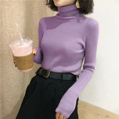 Autumn Winter Thick Sweater Women Knitted Ribbed Pullover  Long Sleeve Turtleneck Slim Jumper Soft Warm  Femme