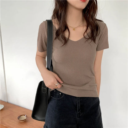 AOSSVIAO 2024 Basic V-neck Solid Thin Summer Pullover Women Female Knitted Ribbed Sweater Slim Short Sleeve Bodycon Sweater