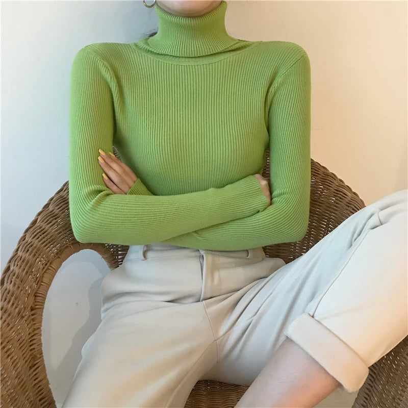 2024 Höst Vinter Tjock Tröja Dam Stickad Ribbstickad Pullover Tröja Långärmad Turtleneck Slim Jumper Mjuk Varm Pull Femme