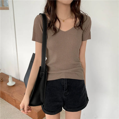 AOSSVIAO 2024 Basic V-neck Solid Thin Summer Pullover Women Female Knitted Ribbed Sweater Slim Short Sleeve Bodycon Sweater