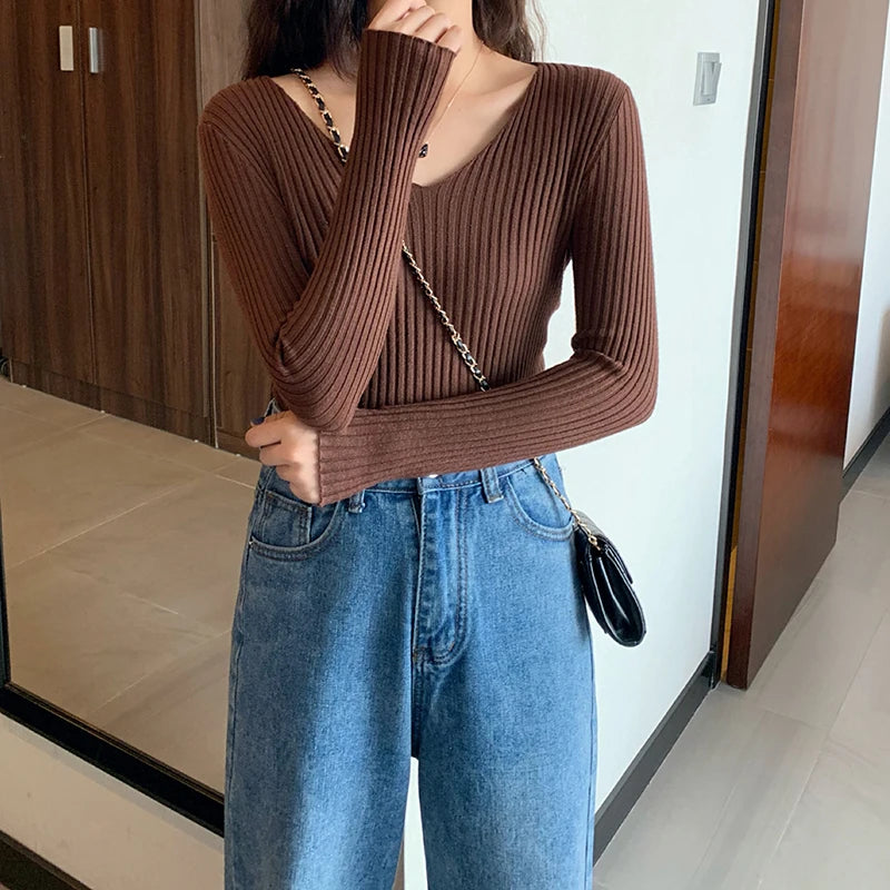 2024 Basic B-neck Solid Autumn Winter Pullover Women Female Knitted Ribbed Sweater Slim Long Sleeve Badycon High Quality Sweater