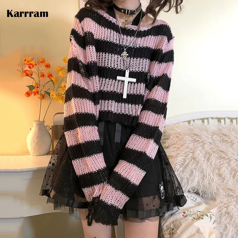 Karrram Rosa Gestreiften Gothic Pullover Frauen Ripped Löcher Lose Gestrickte Pullover Ausgefranste Fee Grunge Jumper Emo Streetwear Lolita