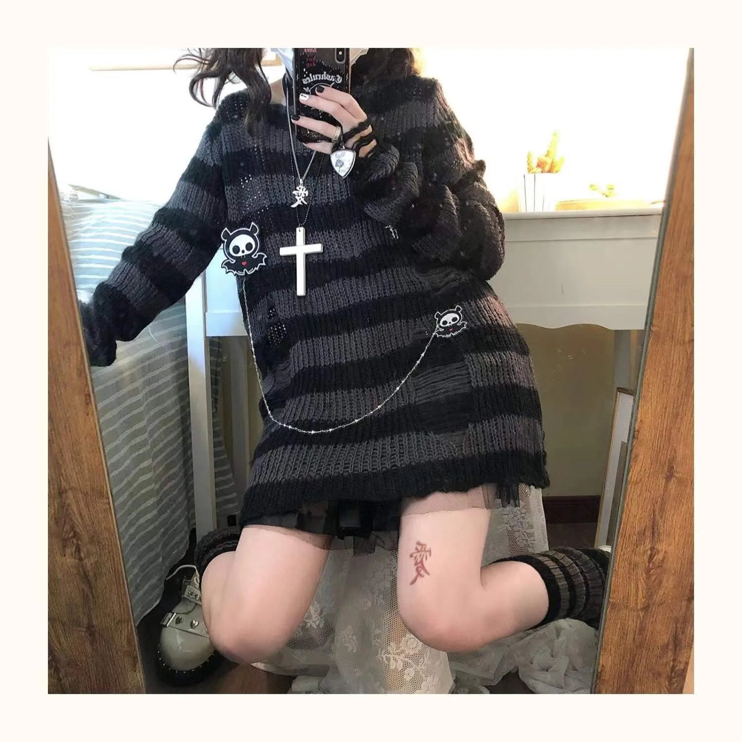 Karrram Pink Striped Gothic Sweaters Women Ripped Holes Loose Knitted Pullover Frayed Fairy Grunge Jumpers Emo Streetwear Lolita