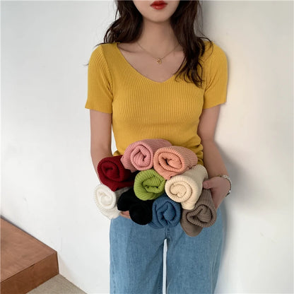 AOSSVIAO 2024 Basic V-neck Solid Thin Summer Pullover Women Female Knitted Ribbed Sweater Slim Short Sleeve Bodycon Sweater