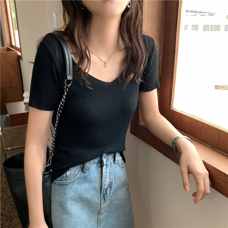 AOSSVIAO 2024 Basic V-neck Solid Thin Summer Pullover Women Female Knitted Ribbed Sweater Slim Short Sleeve Bodycon Sweater