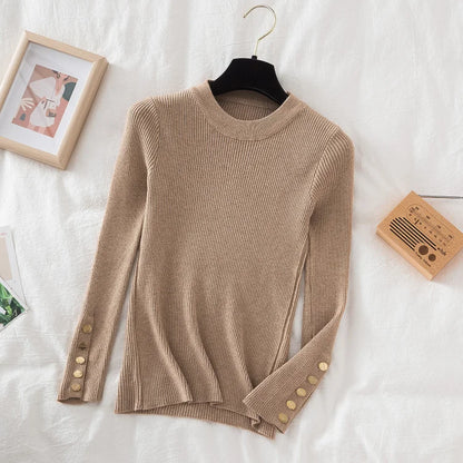 2024 women thick sweater pullovers khaki casual autumn winter button o-neck chic sweater female slim knit top soft jumper tops