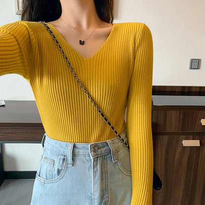 Women Female Knitted Ribbed Sweater Autumn Winter Pullover  Slim Long Sleeve  Sweater