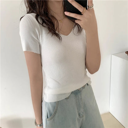 AOSSVIAO 2024 Basic V-neck Solid Thin Summer Pullover Women Female Knitted Ribbed Sweater Slim Short Sleeve Bodycon Sweater