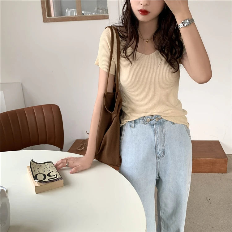 AOSSVIAO 2024 Basic V-neck Solid Thin Summer Pullover Women Female Knitted Ribbed Sweater Slim Short Sleeve Bodycon Sweater