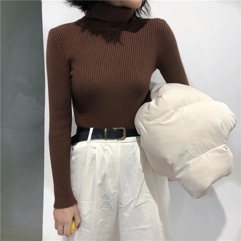 2024 herbst Winter Dicken Pullover Frauen Gestrickte Rippen Pullover Pullover Langarm Rollkragen Schlank Jumper Weiche Warme Pull Femme