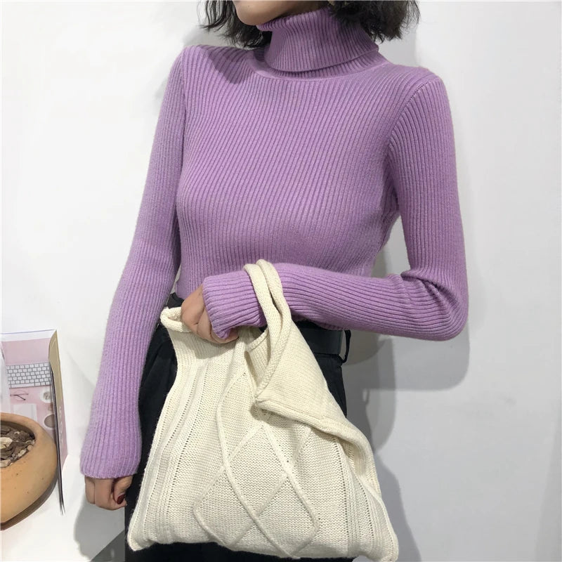 2024 herbst Winter Dicken Pullover Frauen Gestrickte Rippen Pullover Pullover Langarm Rollkragen Schlank Jumper Weiche Warme Pull Femme