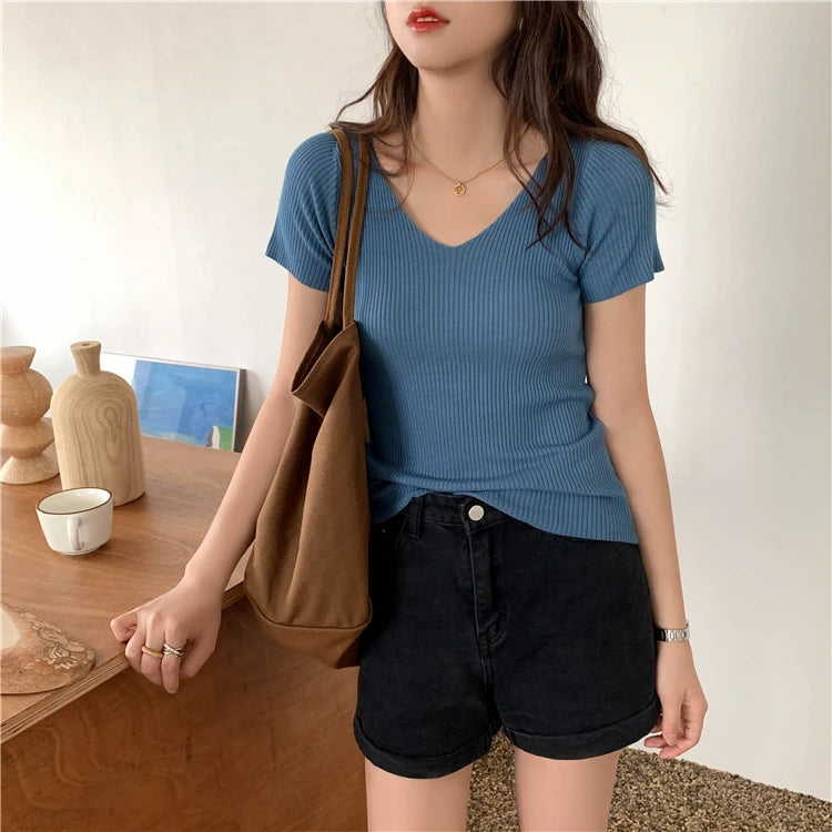 AOSSVIAO 2024 Basic V-neck Solid Thin Summer Pullover Women Female Knitted Ribbed Sweater Slim Short Sleeve Bodycon Sweater