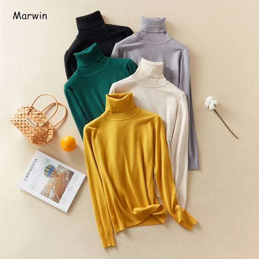 Marwin New-Coming Autumn Winter Top Solid Pull Femme Pullover Tjock Stickad Dam Turtleneck Oversize Damtröja