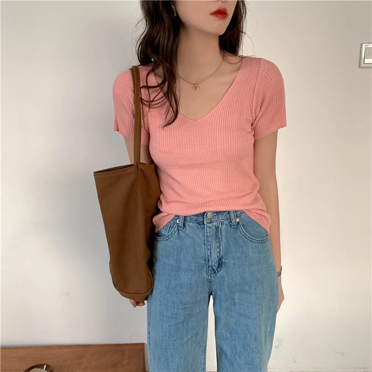 AOSSVIAO 2024 Basic V-neck Solid Thin Summer Pullover Women Female Knitted Ribbed Sweater Slim Short Sleeve Bodycon Sweater