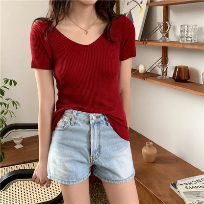 AOSSVIAO 2024 Basic V-neck Solid Thin Summer Pullover Women Female Knitted Ribbed Sweater Slim Short Sleeve Bodycon Sweater