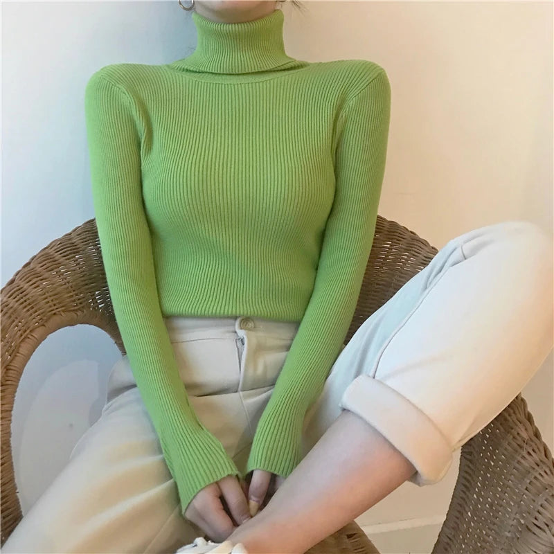 2024 Höst Vinter Tjock Tröja Dam Stickad Ribbstickad Pullover Tröja Långärmad Turtleneck Slim Jumper Mjuk Varm Pull Femme