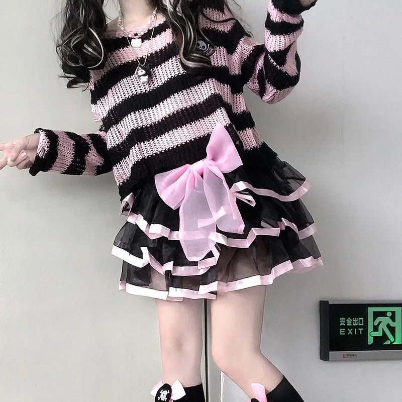 Karrram Pink Striped Gothic Sweaters Women Ripped Holes Loose Knitted Pullover Frayed Fairy Grunge Jumpers Emo Streetwear Lolita