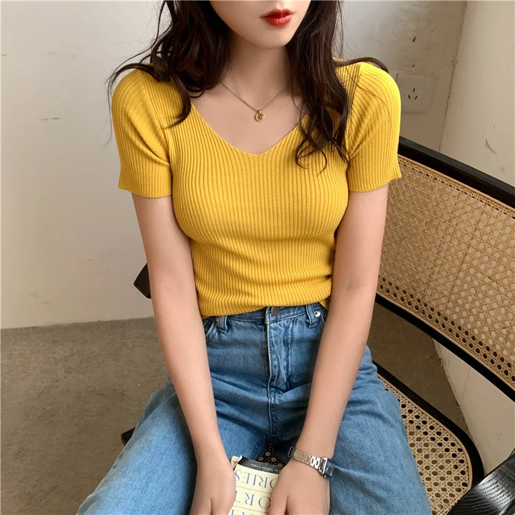 AOSSVIAO 2024 Basic V-neck Solid Thin Summer Pullover Women Female Knitted Ribbed Sweater Slim Short Sleeve Bodycon Sweater