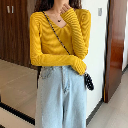 Women Female Knitted Ribbed Sweater Autumn Winter Pullover  Slim Long Sleeve  Sweater