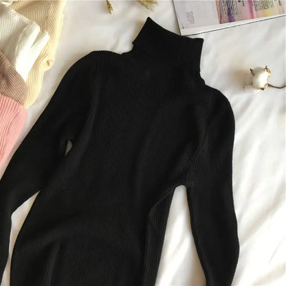 Autumn Winter Thick Sweater Women Knitted Ribbed Pullover  Long Sleeve Turtleneck Slim Jumper Soft Warm  Femme