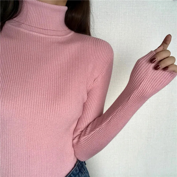 2024 Höst Vinter Tjock Tröja Dam Stickad Ribbstickad Pullover Tröja Långärmad Turtleneck Slim Jumper Mjuk Varm Pull Femme