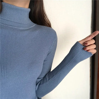 Autumn Winter Thick Sweater Women Knitted Ribbed Pullover  Long Sleeve Turtleneck Slim Jumper Soft Warm  Femme