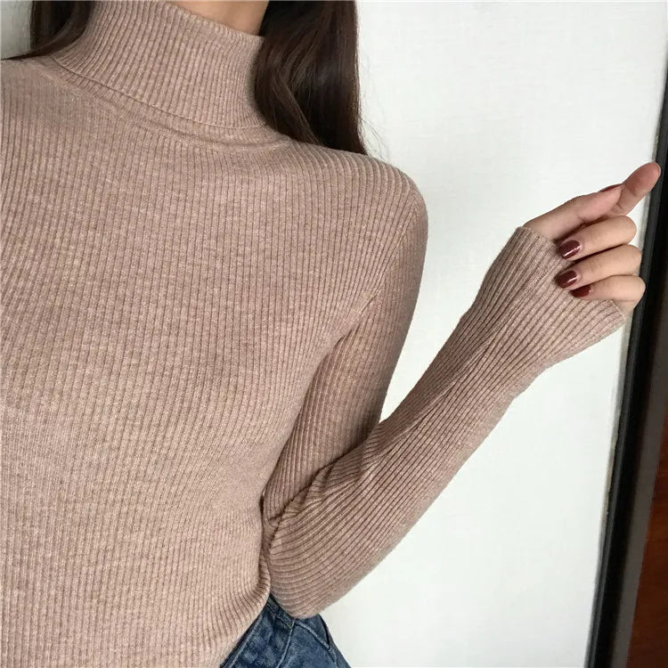 2024 Höst Vinter Tjock Tröja Dam Stickad Ribbstickad Pullover Tröja Långärmad Turtleneck Slim Jumper Mjuk Varm Pull Femme