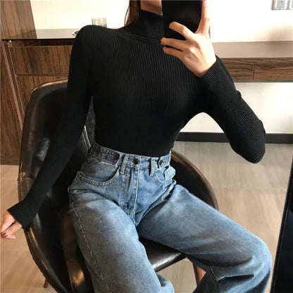 Autumn Winter Thick Sweater Women Knitted Ribbed Pullover  Long Sleeve Turtleneck Slim Jumper Soft Warm  Femme