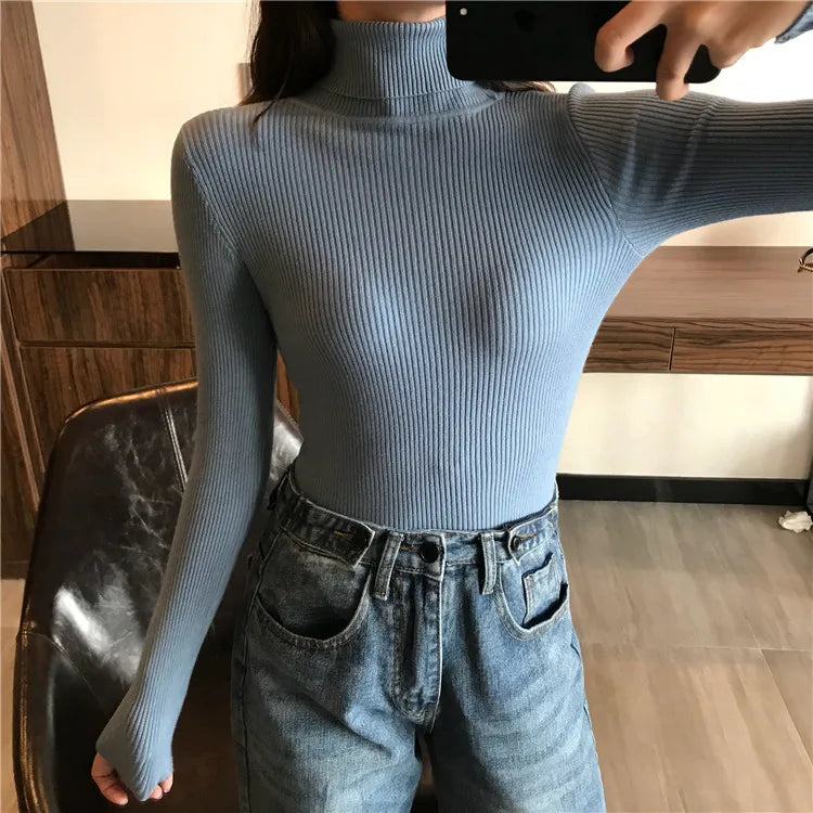 2024 herbst Winter Dicken Pullover Frauen Gestrickte Rippen Pullover Pullover Langarm Rollkragen Schlank Jumper Weiche Warme Pull Femme