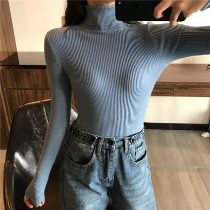 Autumn Winter Thick Sweater Women Knitted Ribbed Pullover  Long Sleeve Turtleneck Slim Jumper Soft Warm  Femme