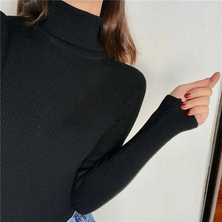 2024 Höst Vinter Tjock Tröja Dam Stickad Ribbstickad Pullover Tröja Långärmad Turtleneck Slim Jumper Mjuk Varm Pull Femme