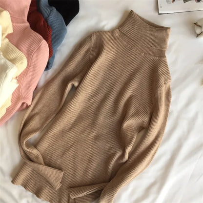 Autumn Winter Thick Sweater Women Knitted Ribbed Pullover  Long Sleeve Turtleneck Slim Jumper Soft Warm  Femme