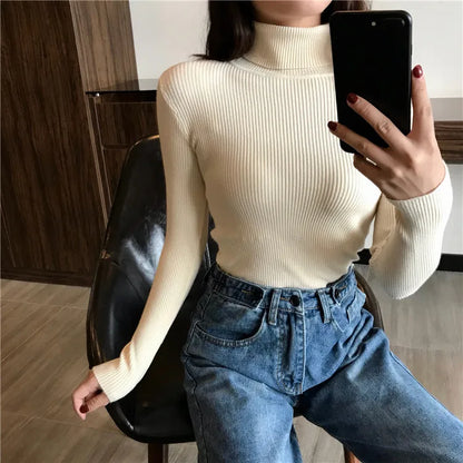 Autumn Winter Thick Sweater Women Knitted Ribbed Pullover  Long Sleeve Turtleneck Slim Jumper Soft Warm  Femme