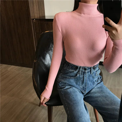 Autumn Winter Thick Sweater Women Knitted Ribbed Pullover  Long Sleeve Turtleneck Slim Jumper Soft Warm  Femme