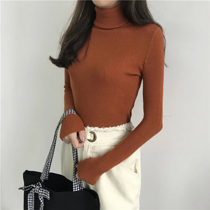 Autumn Winter Thick Sweater Women Knitted Ribbed Pullover  Long Sleeve Turtleneck Slim Jumper Soft Warm  Femme