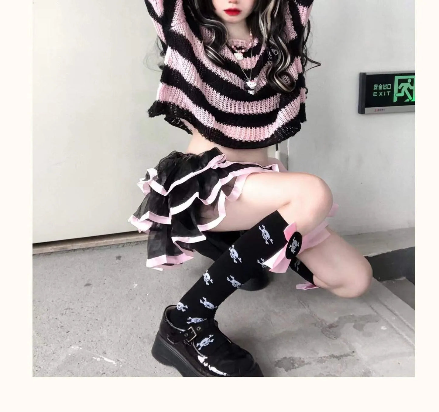 Karrram Pink Striped Gothic Sweaters Women Ripped Holes Loose Knitted Pullover Frayed Fairy Grunge Jumpers Emo Streetwear Lolita