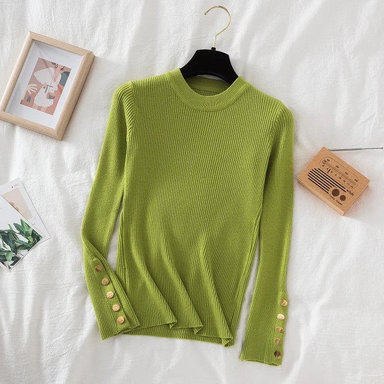 2024 women thick sweater pullovers khaki casual autumn winter button o-neck chic sweater female slim knit top soft jumper tops