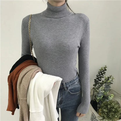 Autumn Winter Thick Sweater Women Knitted Ribbed Pullover  Long Sleeve Turtleneck Slim Jumper Soft Warm  Femme