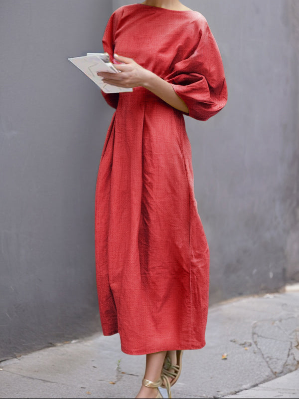 Half Sleeves Loose Solid Color Round-neck Maxi Dresses - Seldom Seen Styles
