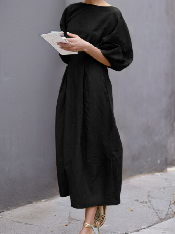 Half Sleeves Loose Solid Color Round-neck Maxi Dresses - Seldom Seen Styles